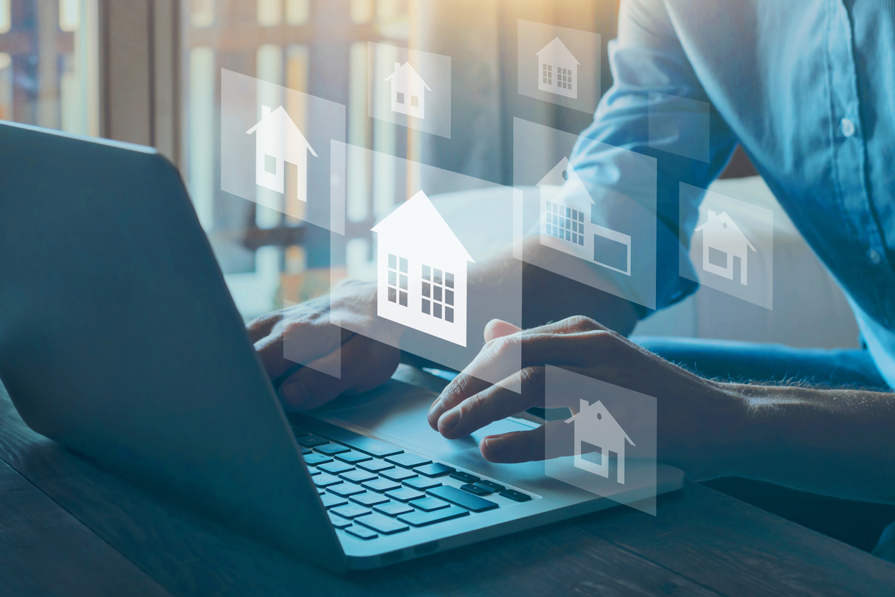real estate concept, choose house to buy, different offers of property online on virtual screen